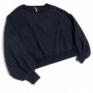 Free People Found My Friend Textured Pullover Puff Sleeve Sweater Black